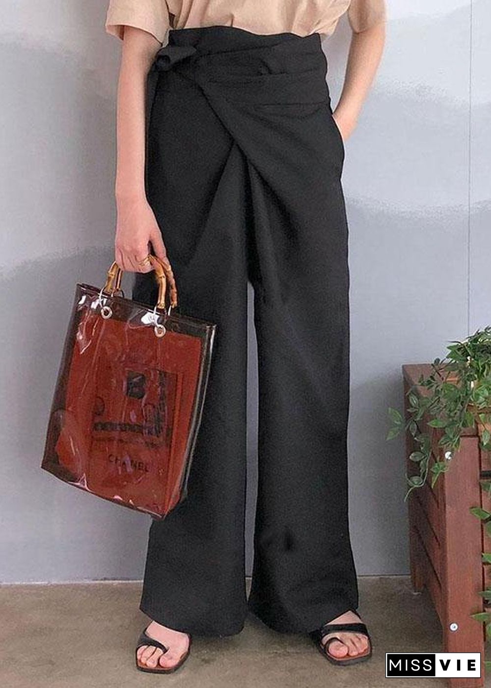 Women Solid Color Asymmetrical Bandage Design Breathable Wide Leg Pants