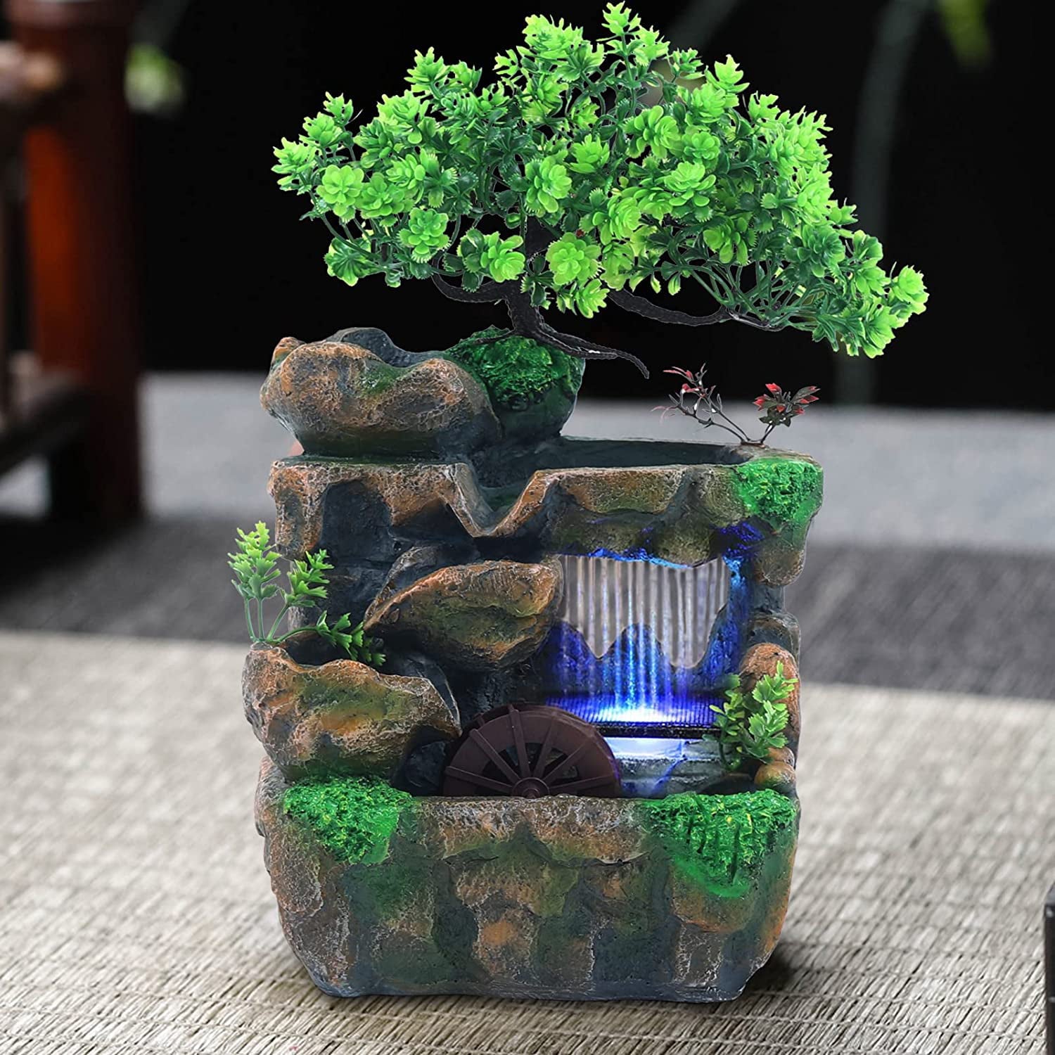 Miumaeov LED Rockery Fountain Waterfall Fengshui Desktop Water Feature Indoor Desk Decor for Office Home Bedroom Desk Decor