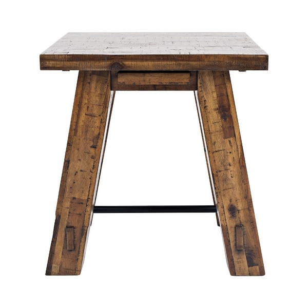 End Table with Plank Style and Trestle Base， Rustic Brown