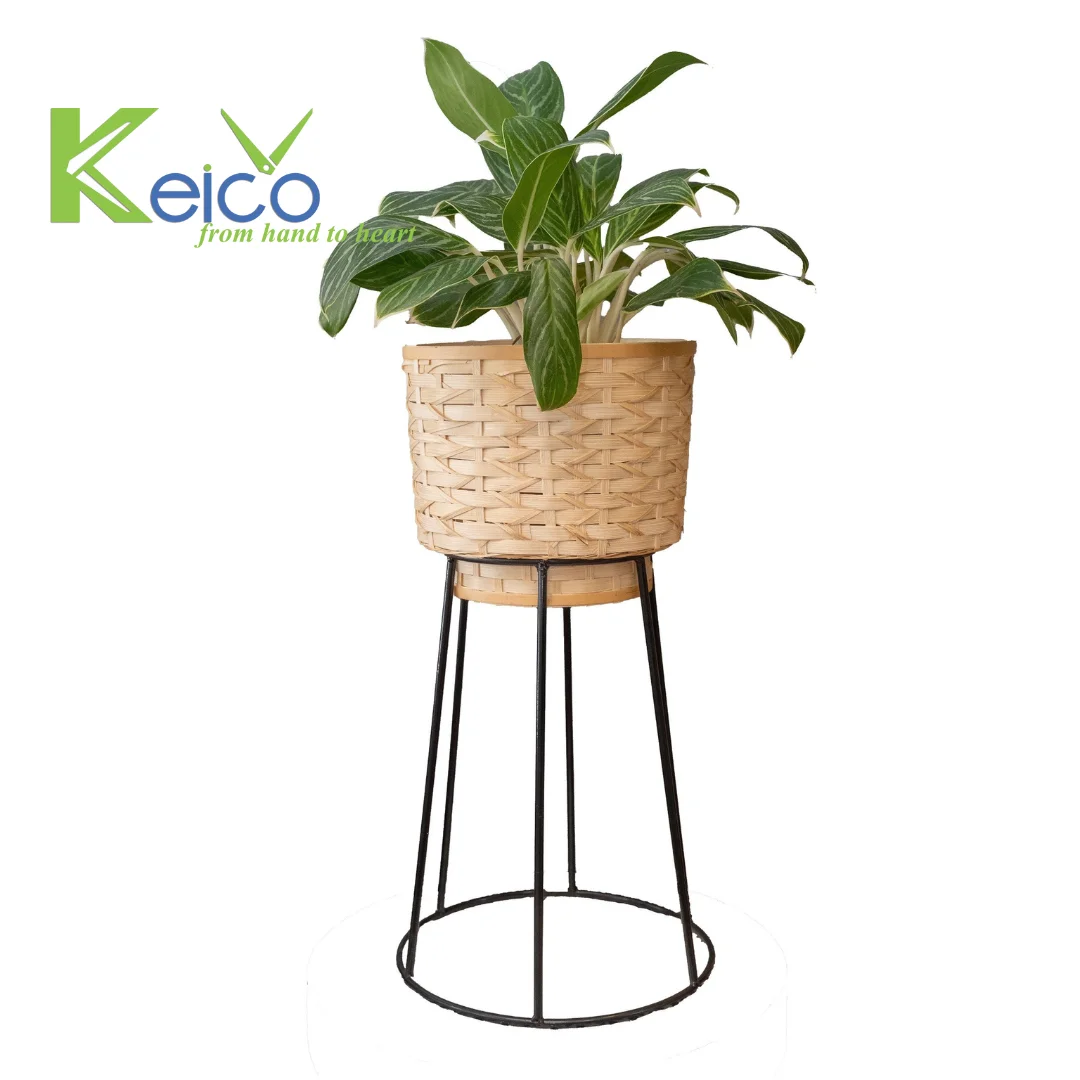 Boho and Modern Style Bamboo Woven Round Plant Pot With Metal Legs for Home Decoration made in Vietnam