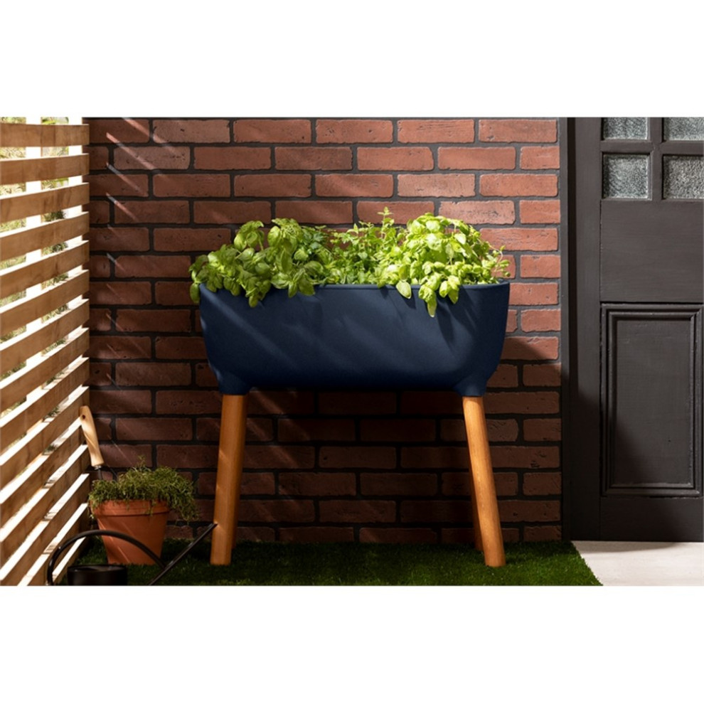 Scandinavian Blue Raised Planter with wooden legs Dalya South Shore   Midcentury   Outdoor Pots And Planters   by Homesquare  Houzz