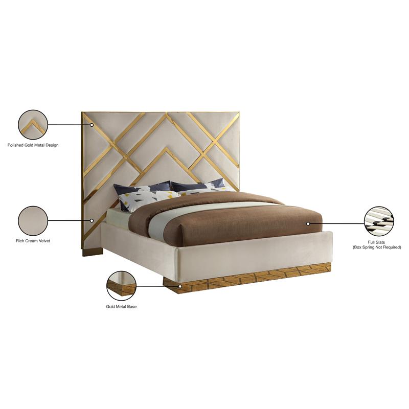 Meridian Furniture Vector Rich Velvet Queen Bed in Cream