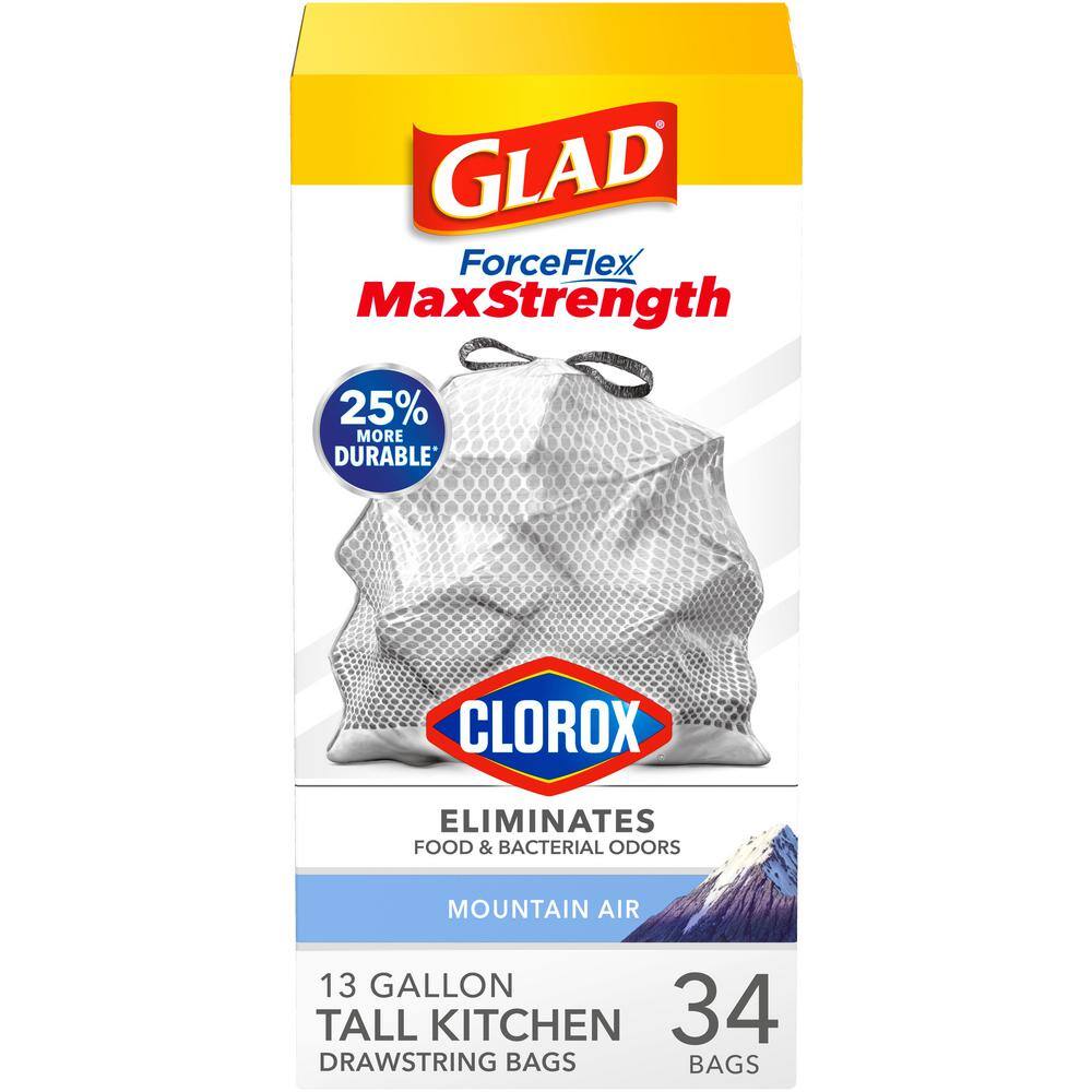 Glad ForceFlex MaxStrength 13 Gal. Mountain Air White Trash Bags Clorox Antimicrobial Tall Kitchen Drawstring (34-Count) 1258779298