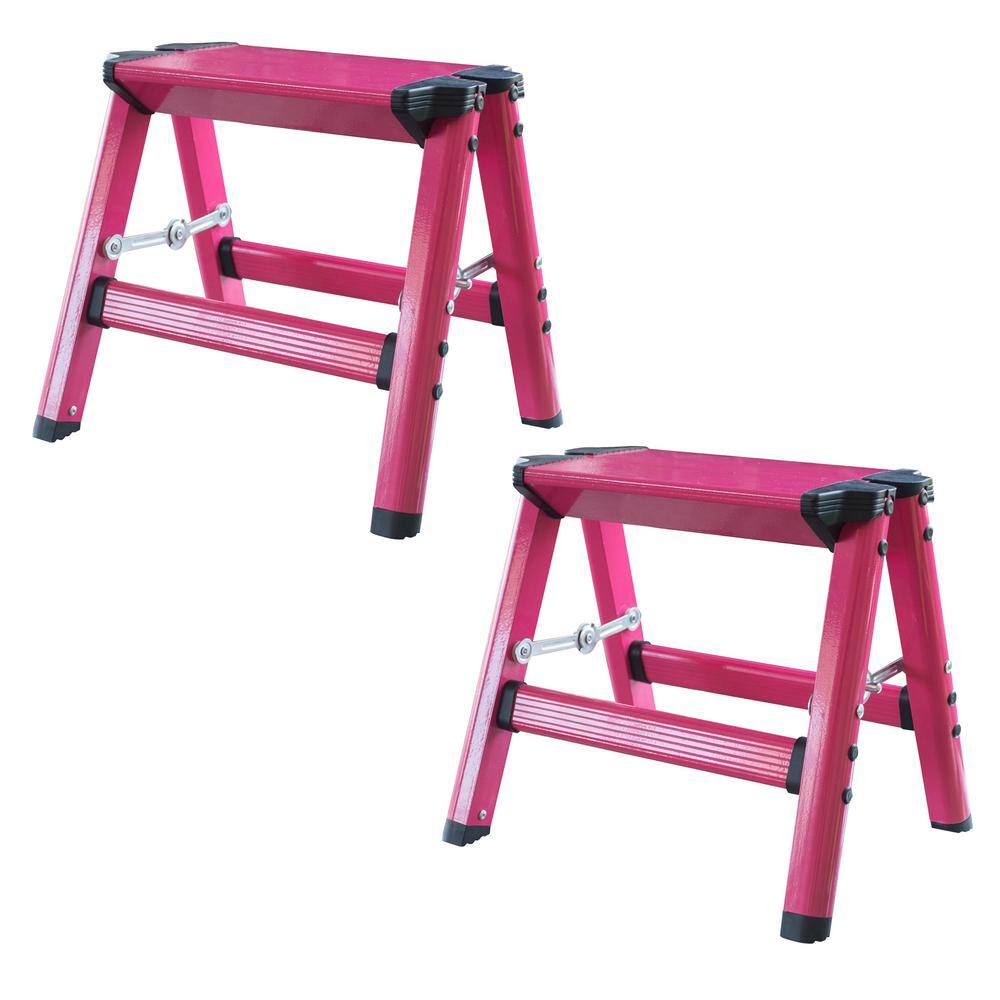 AmeriHome 1-Step Aluminum Folding Stool with 330 lbs. Load Capacity in Neon Pink (2-Pack) 804751