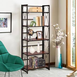 VECELO 5 Shelf Bookcase No-Assembly Folding-Bookshelf Industrial Standing Racks Study Organizer with Metal Frame ，Brown 1 KHD-XJM-B01