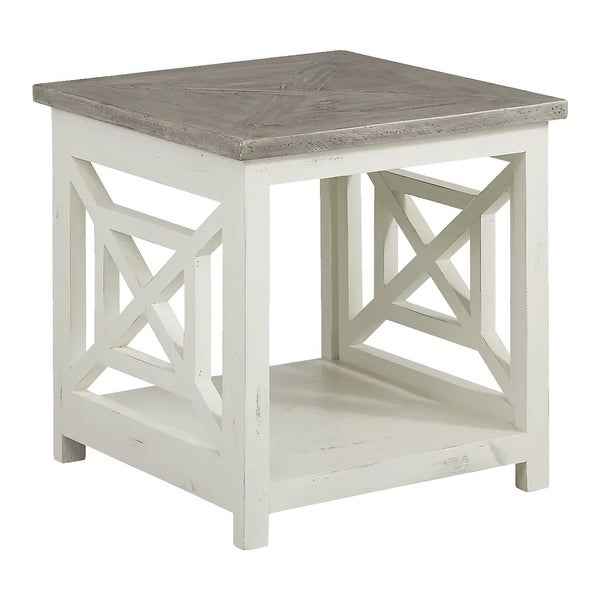 Solid Wood Farmhouse End Table with X Shape Side Panels， White and Brown