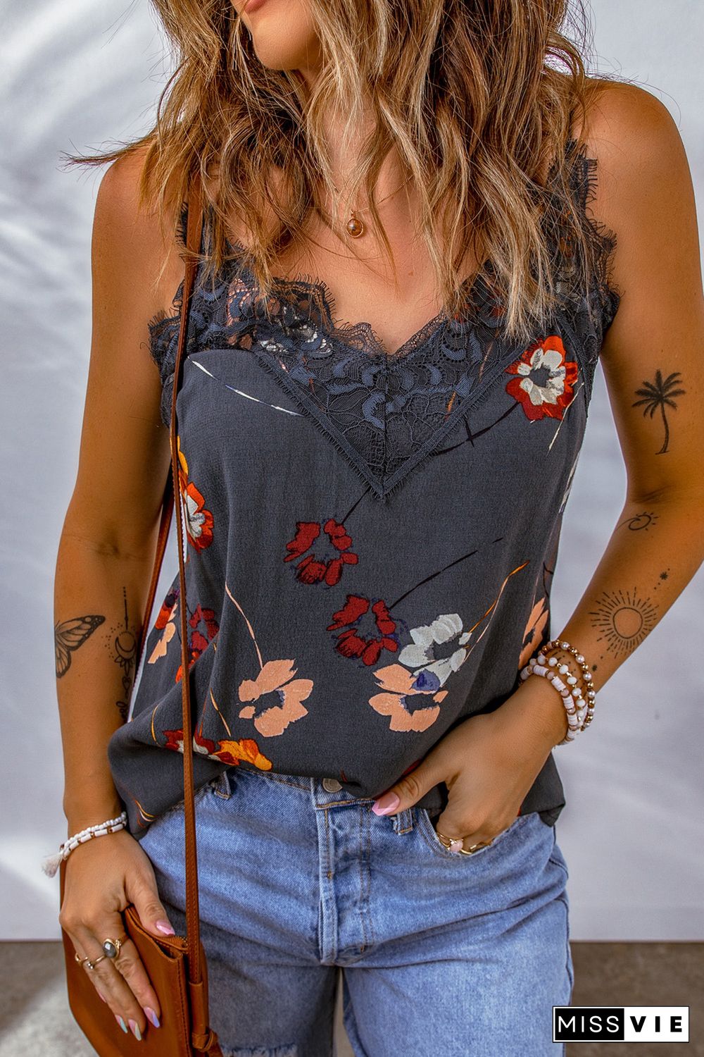 Blue Floral Print Lace Contrast Tank Top