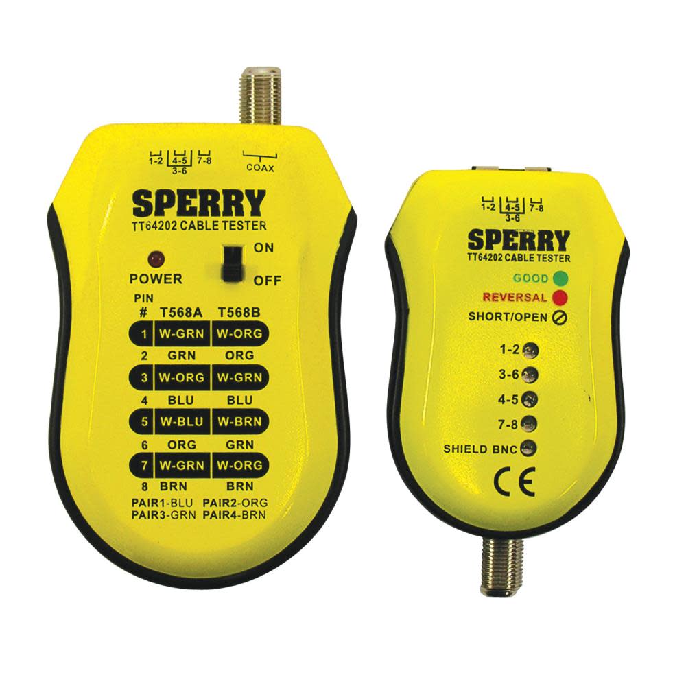 Sperry Instruments TT64202 Cable Test Plus， Coax and UTP/STP Cable Tester ; Detects: Shorts / Miss-Wires and Reversals， Wiring Reference Chart Included， 2 Pc. Kit， Yellow and Black ;