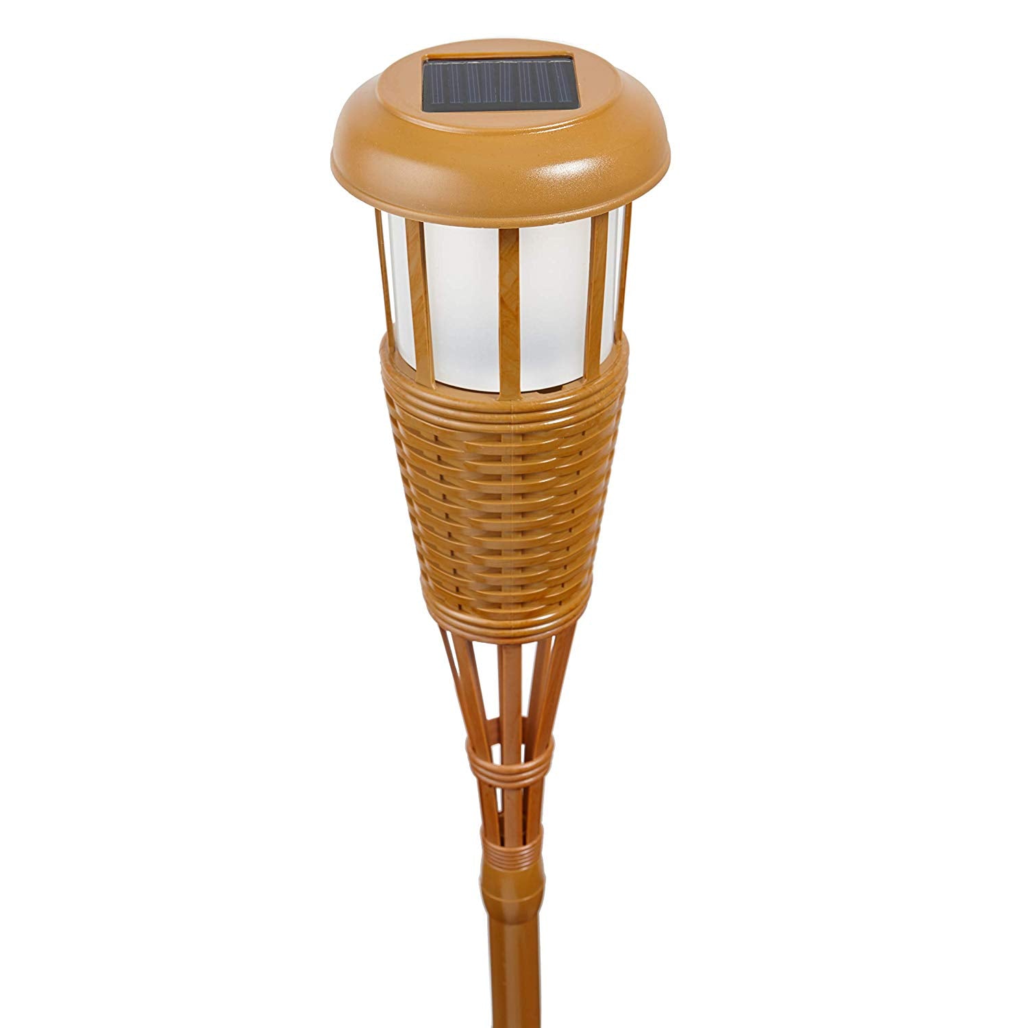 Solar Flickering LED Island Torches， Dusk-to-Dawn Dancing Flame Outdoor Landscape Lighting， Bamboo Finish， 2-Pack