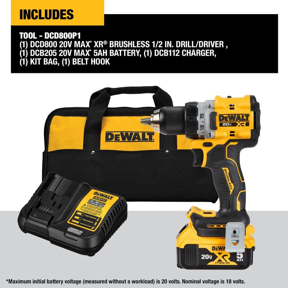 DEWALT DCD800P1 20V MAX XR Lithium-Ion Cordless Compact 1/2 in. Drill/Driver Kit， 20V MAX 5.0Ah Battery， and Charger