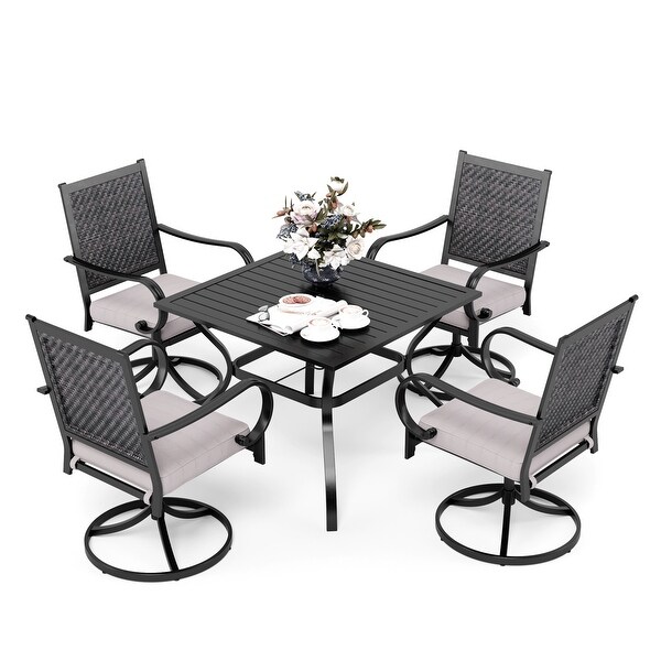 MAISON ARTS 5/7piece Patio Dining Set，4/6 Rattan Swivel Chairs with Cushion and 1 Metal Table with Umbrella Hole