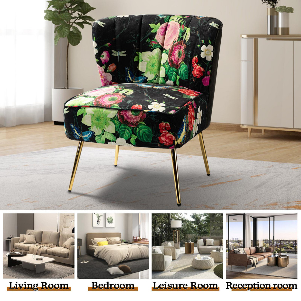 Set of 2 Accent Chair  Wide Seat  ampCurved Back With Floral Upholstery   Midcentury   Armchairs And Accent Chairs   by Decor Love  Houzz