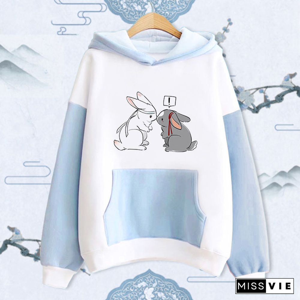 Cute Rabbit Print Pocket Hoodie