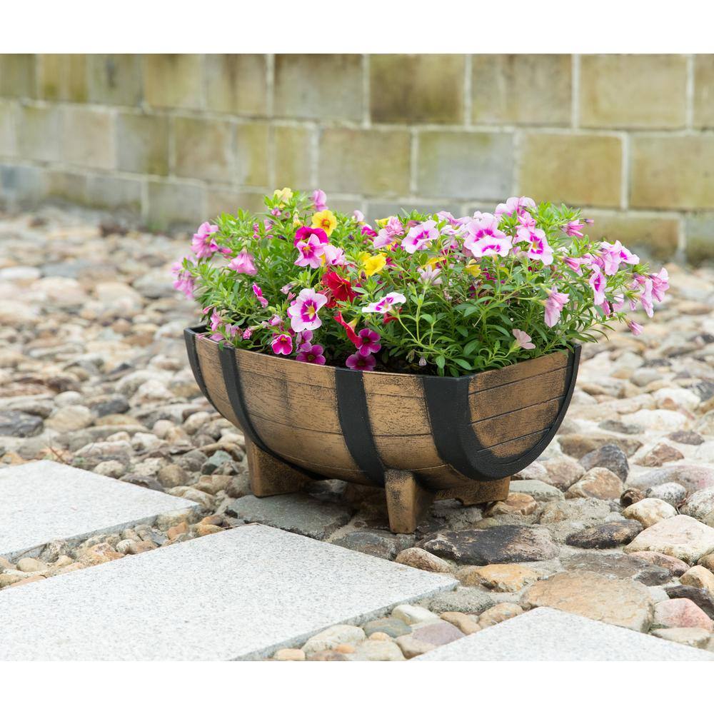 Gardenised Rustic Wood-Look Plastic Half Barrel Flower Pot Garden Planter (Pack of 2) QI003695