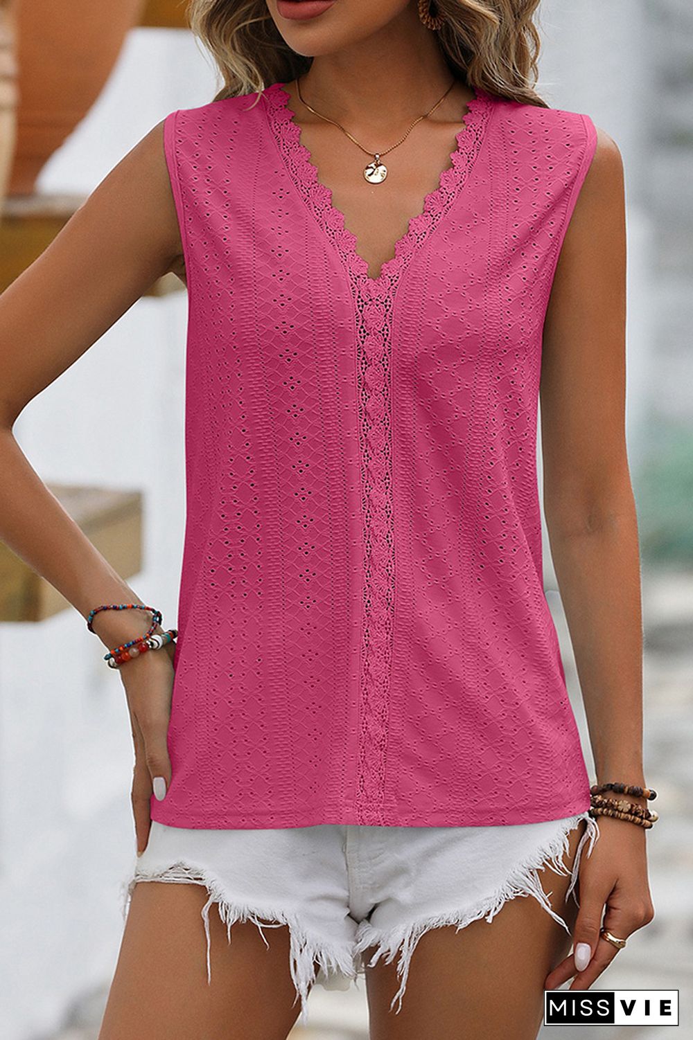 Plain V Neck Lace Edge Eyelet Pattern Tank Top