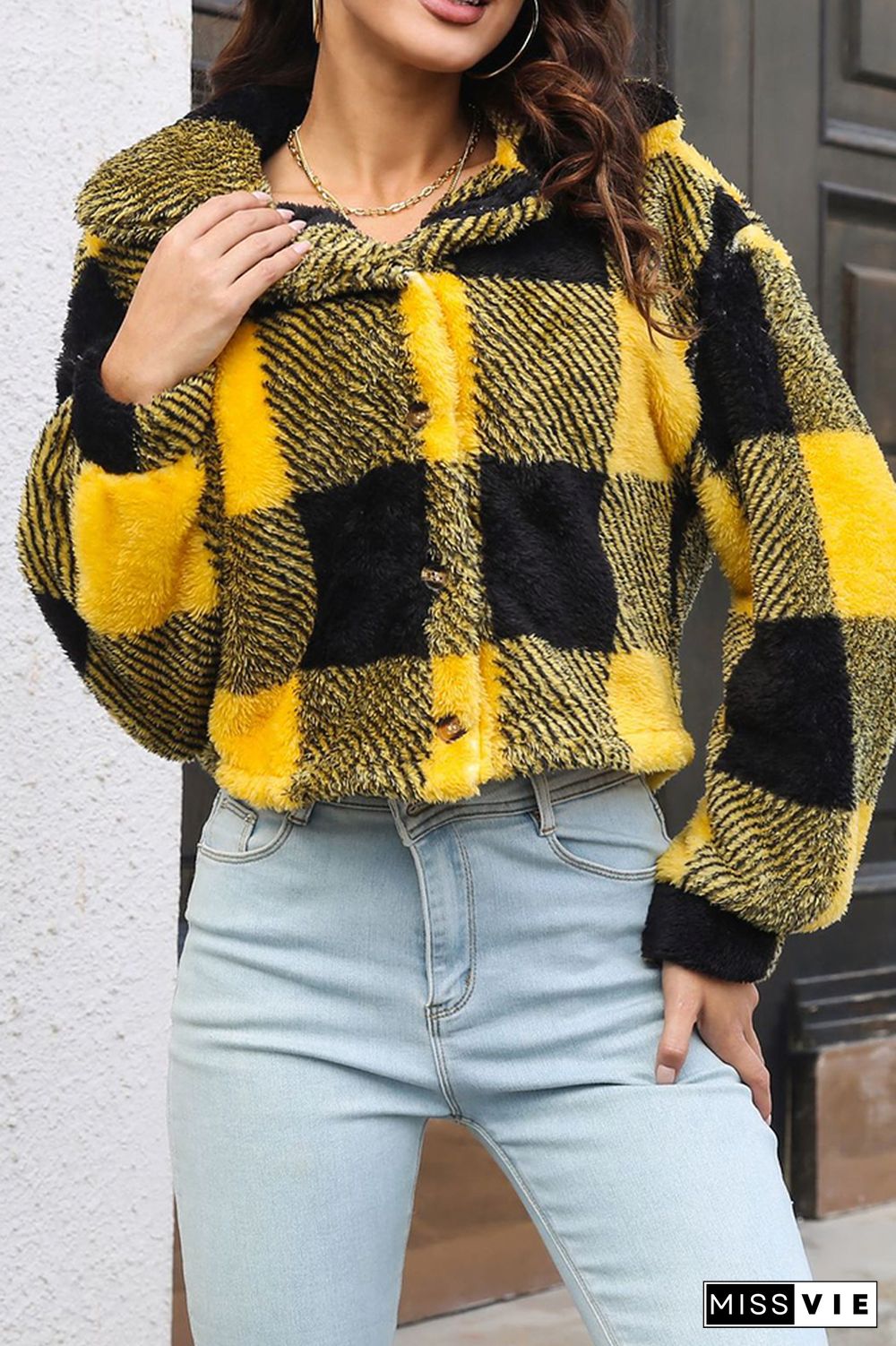 Open Button Fleece Plaid Crop Jackets