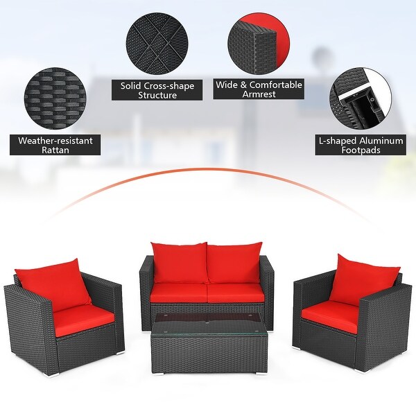 Costway 4PCS Patio Rattan Furniture Set Cushioned Sofa Chair Coffee