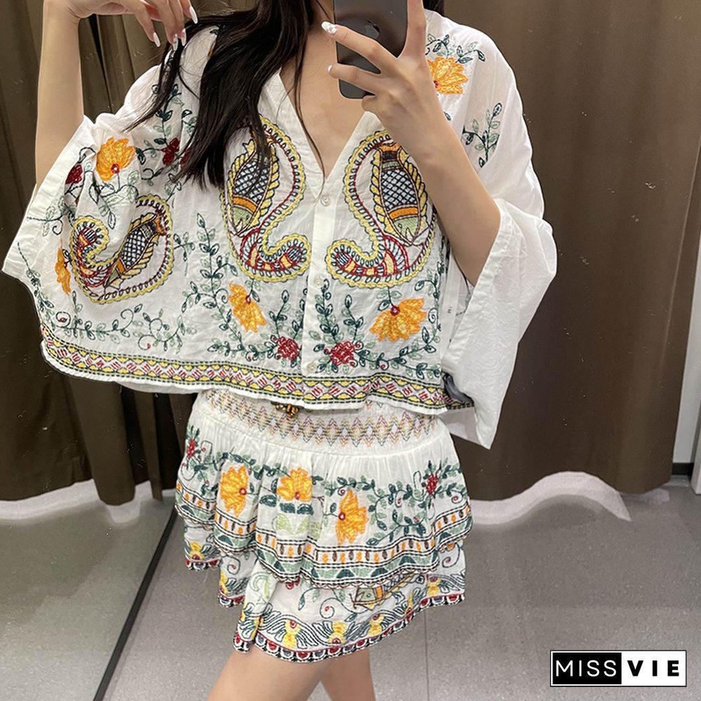 {}Y2k TA AF Zar Women's Summer Blouses Loose Batwing Sleeve Short Shirt Buttoned Retro Embroidered Shirt Top Casual Cardigan