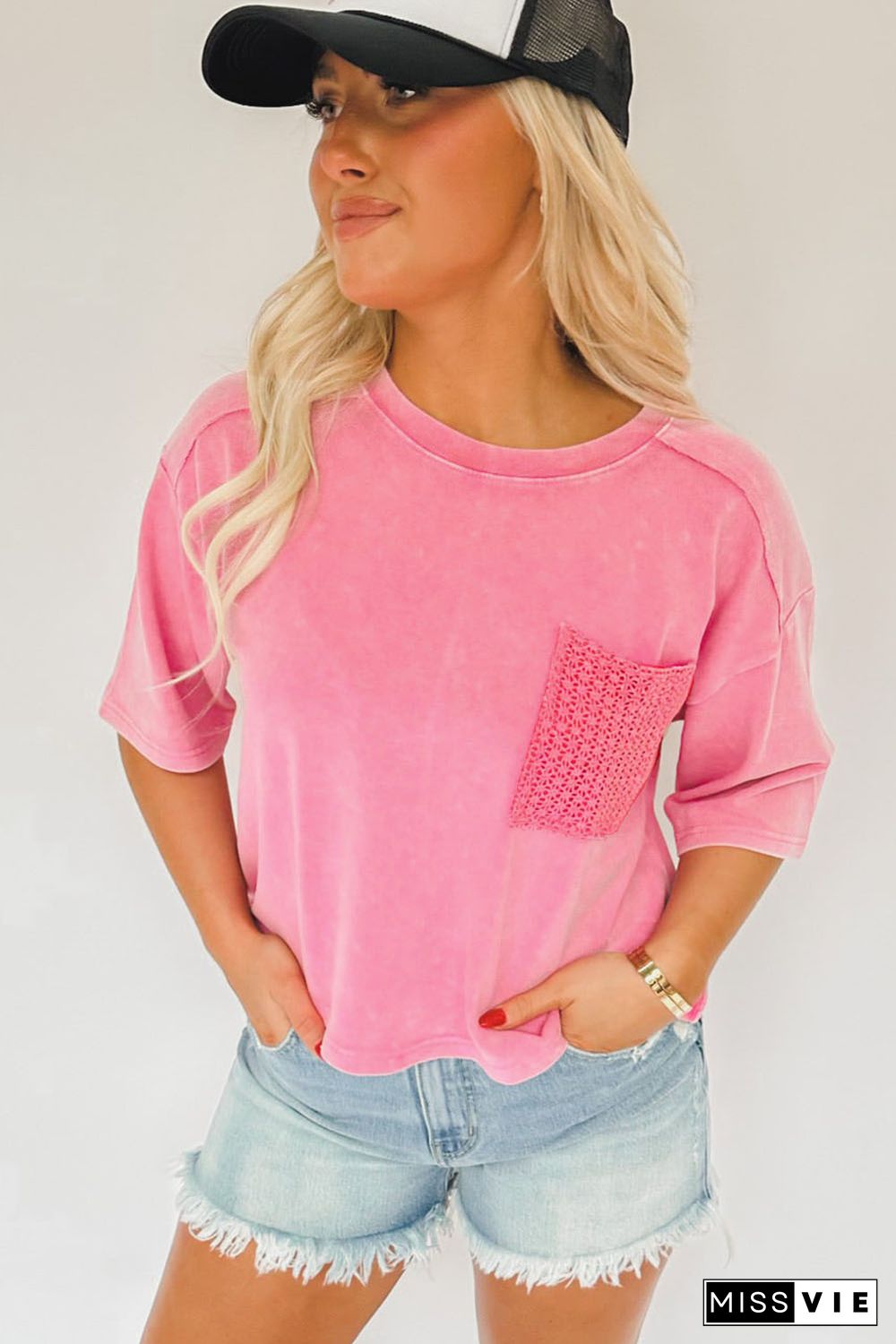 Pink Acid Wash Lace Patch Pocket T-Shirt