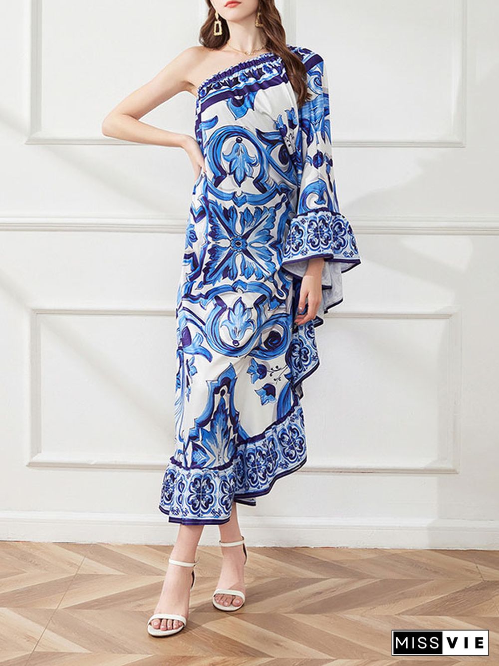 Batwing Sleeves Loose Asymmetric Falbala Floral Printed One-shoulder Midi Dresses