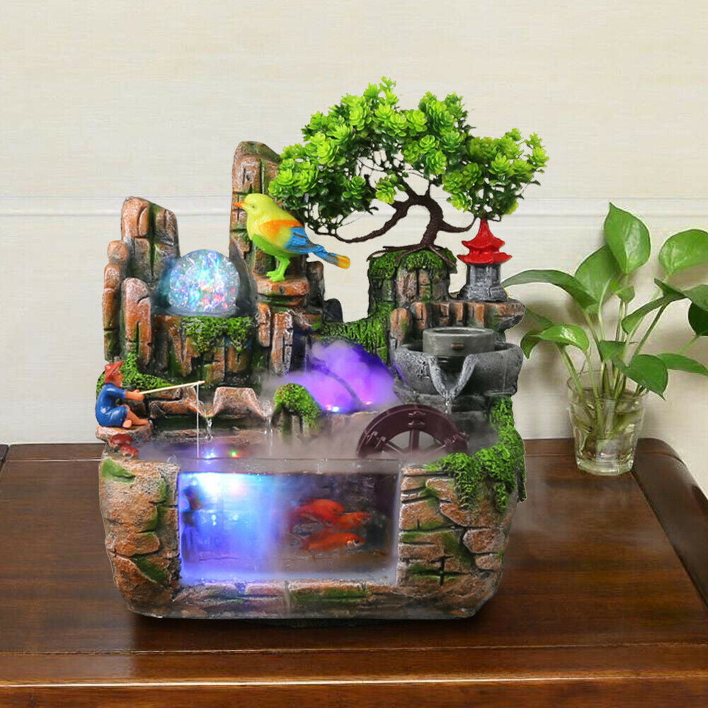 Indoor Relaxation Desktop Fountain Waterfall， Fountain Ornament Fengshu，Desktop Fountain Waterfall Decor w/Rockery Aquariums Plant for Home Office Décoration