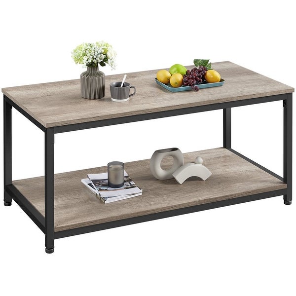 Industrial Coffee Table with Storage Shelf， Rustic Gray