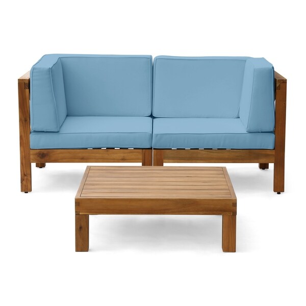 Oana Outdoor 2Seater Acacia Wood Sectional Loveseat and Coffee Table Set with Cushions by Christopher Knight Home