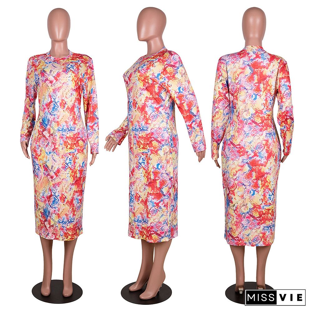 Plus-size Full Printed Long Sleeves Round Neck Loose Dress