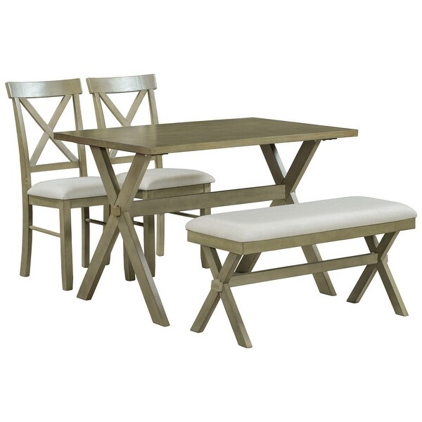 4 Pieces Farmhouse Rustic Wood Kitchen Dining Table Set with Upholstered 2 X-back Chairs and Bench