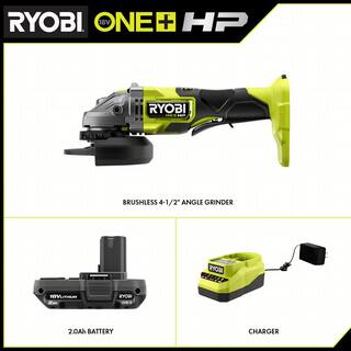 RYOBI ONE+ HP 18V Brushless Cordless 4-12 in. Angle Grinder with 2.0 Ah Battery and Charger PBLAG01B-PSK005