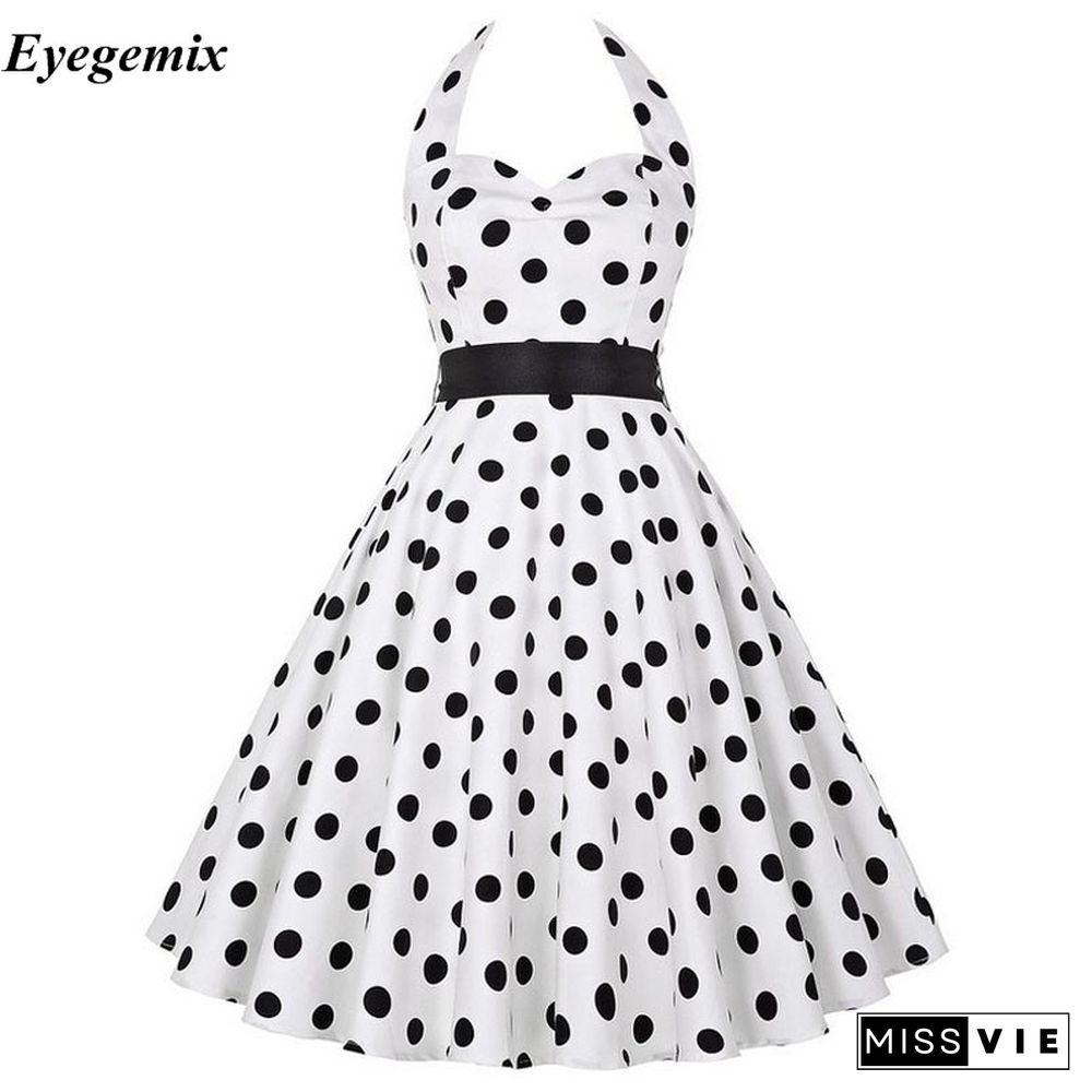 Women Polka Dot Print Summer Dress Sexy Retro White Black Halter Vintage Dress Robe Femme Pin Up 50S 60s Rockabilly Party Dress