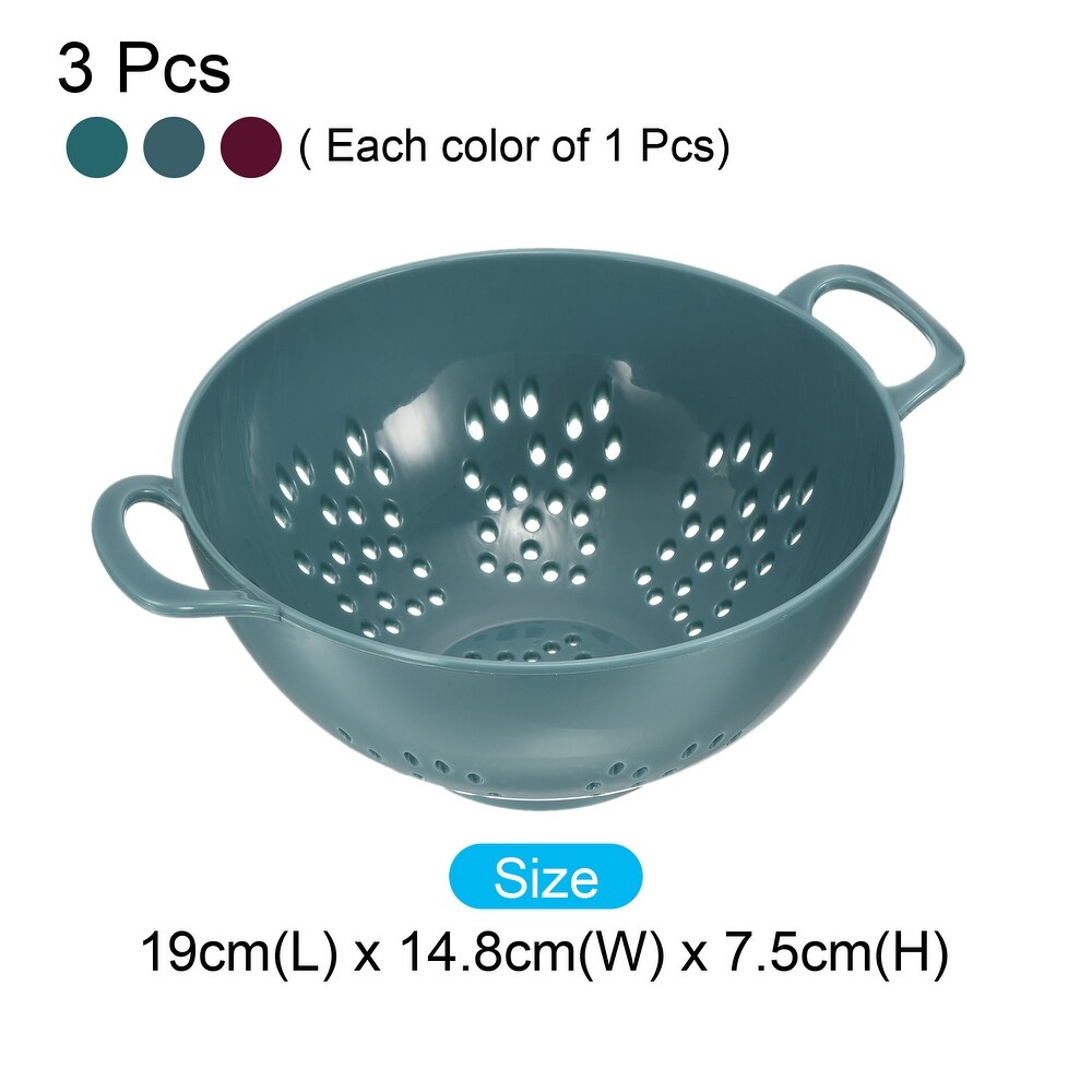 Plastic Deep Colander w Handles 3PCS  Rice Washing Bowl Food Strainer   Light Blue+Army Green+Purple   19cm x 14.8cm x 7.5cm