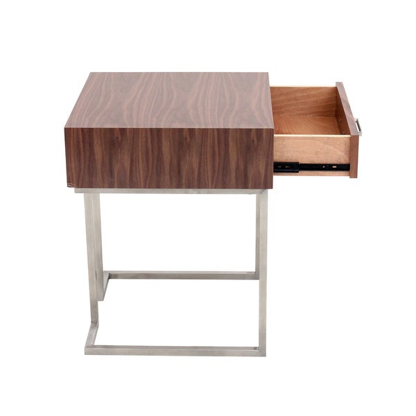 Carson Carrington Siuntio Roman Contemporary Walnut Wood and Stainless Steel End Table with Drawer