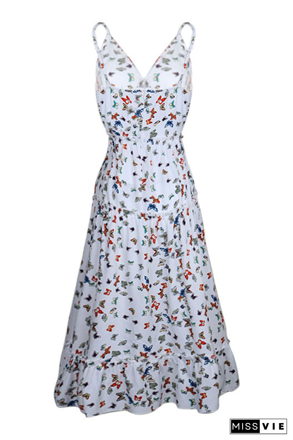 Butterfly Print Tiered Spachetti Dress