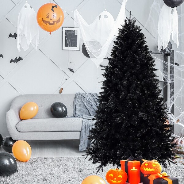 7.5/8/9ft PreLit Black Halloween and Christmas Tree with Full Branch Tips，Metal Hinges，and Foldable Base