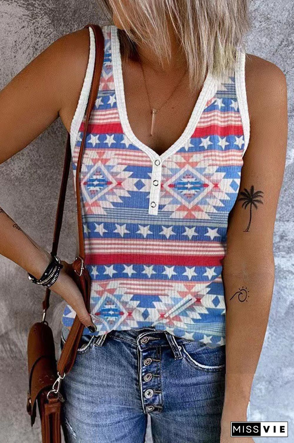 Blue US Flag Star Print Tank Top