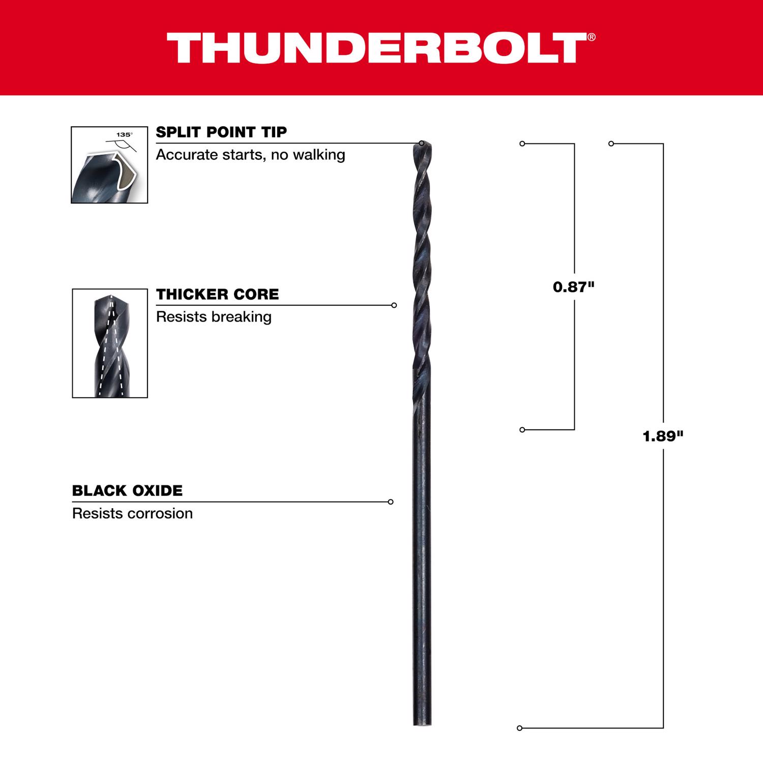 MW Thunderbolt 1/16 in. X 1-7/8 in. L Black Oxide Drill Bit 2 pk