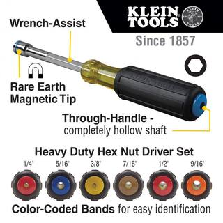 Klein Tools 6- Piece Heavy Duty Nut Driver Set with 4 in. Full Hollow Shaft - Cushion Grip Handles 635-6