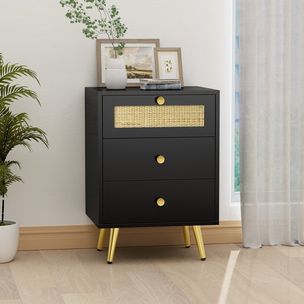 Anmytek 3-Drawer Wooden Black Side Table Mid Century Rattan Nightstand Side Table End Table