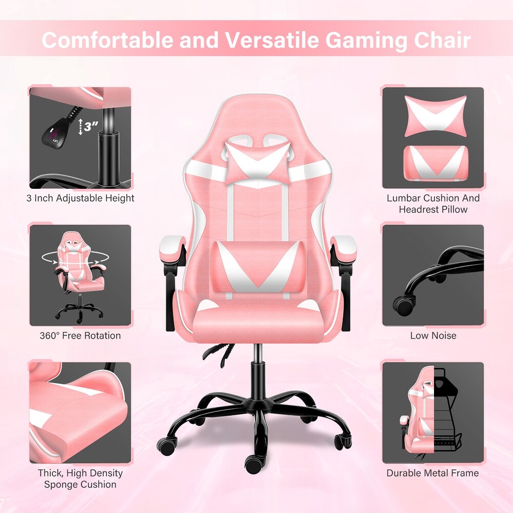 Simple Deluxe Gaming Chair  Office High Back Computer Ergonomic Adjustable Swivel Chair with Headrest and Lumbar Support  Pink