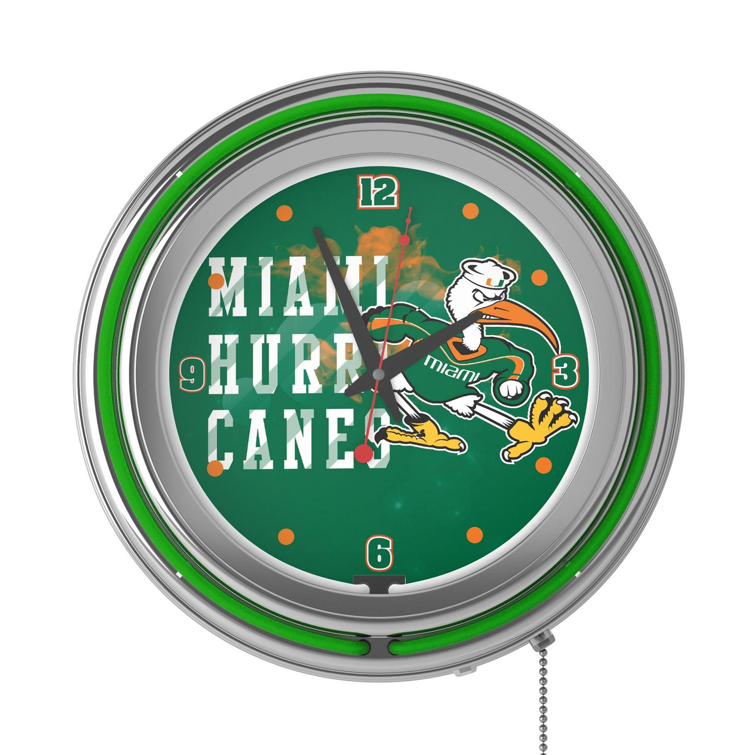 University of Miami Chrome Double Rung Neon Clock  Smoke