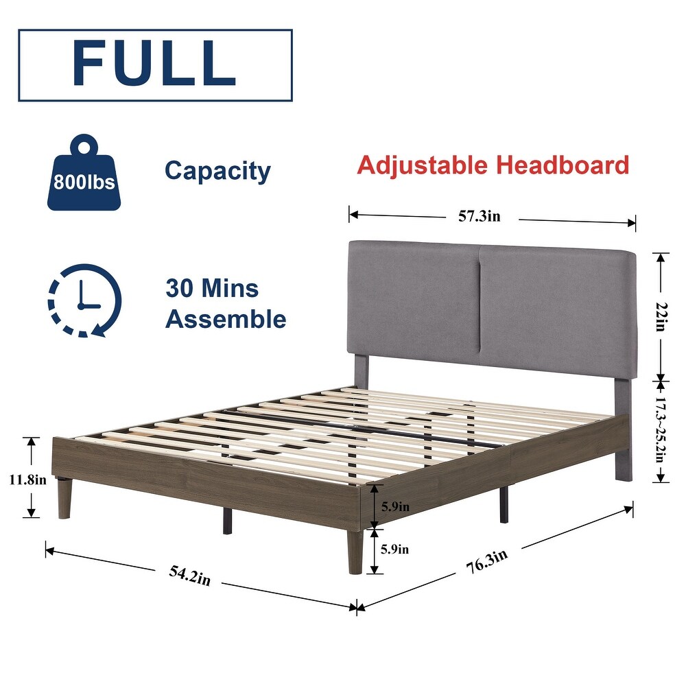 Javlergo Upholstered Bed Frame with Linen Fabric Adjustable Headboard  Strong Wood Slats Supports  No Box Spring Needed