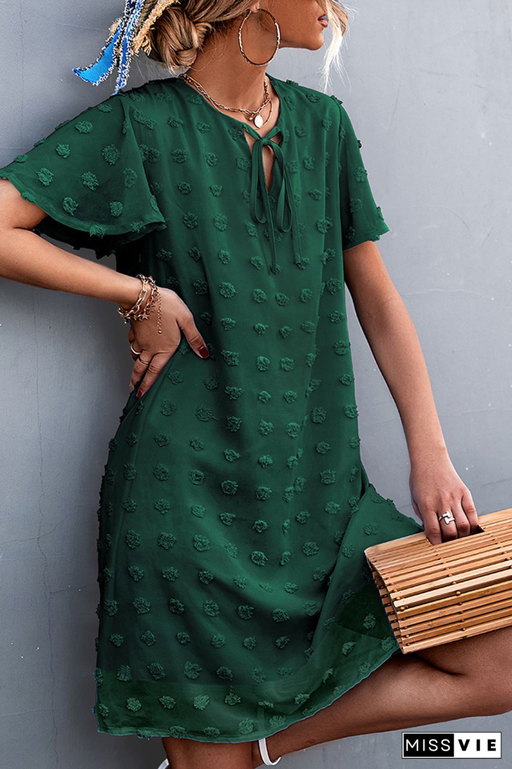 Jacquard Tie V-neck Short Sleeve Dress Wholesale