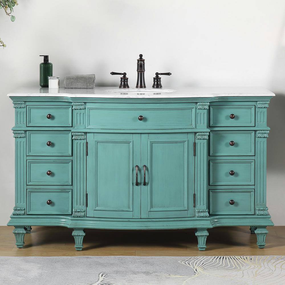 Silkroad Exclusive 60 in. W x 22 in. D x 36 in. H Freestanding Bath Vanity in Retro Green with Carrara White Marble Top V0277NW60C