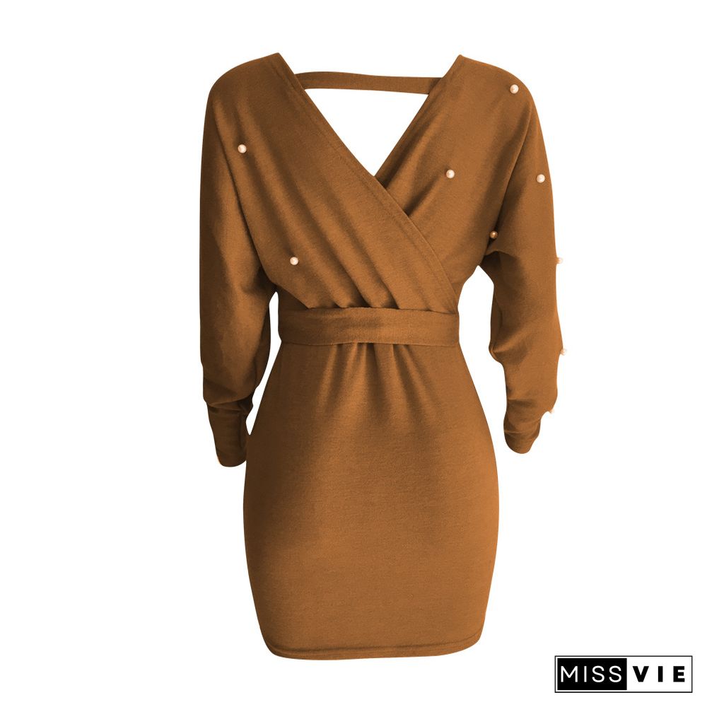 Winter Beaded Long Sleeve Irregular Package Hip Sweater Dress