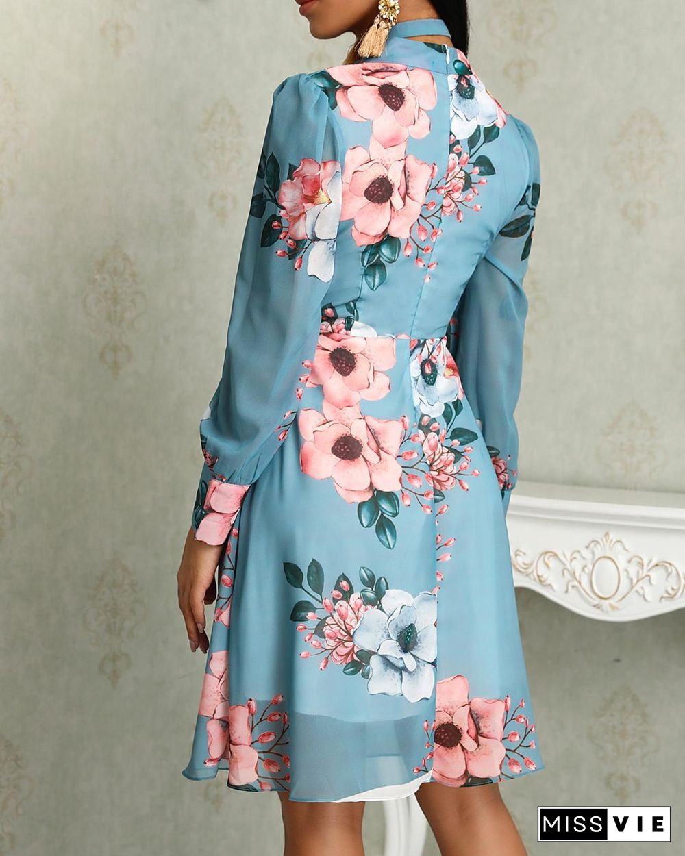 Floral Print Long Sleeve Tied Neck Dress P11881