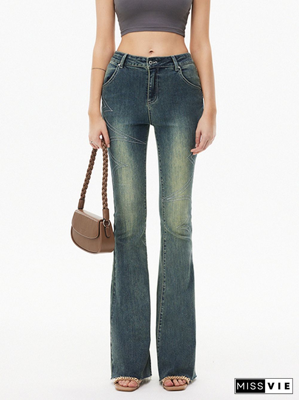 Line Embroidery Stretchy Flare Jeans