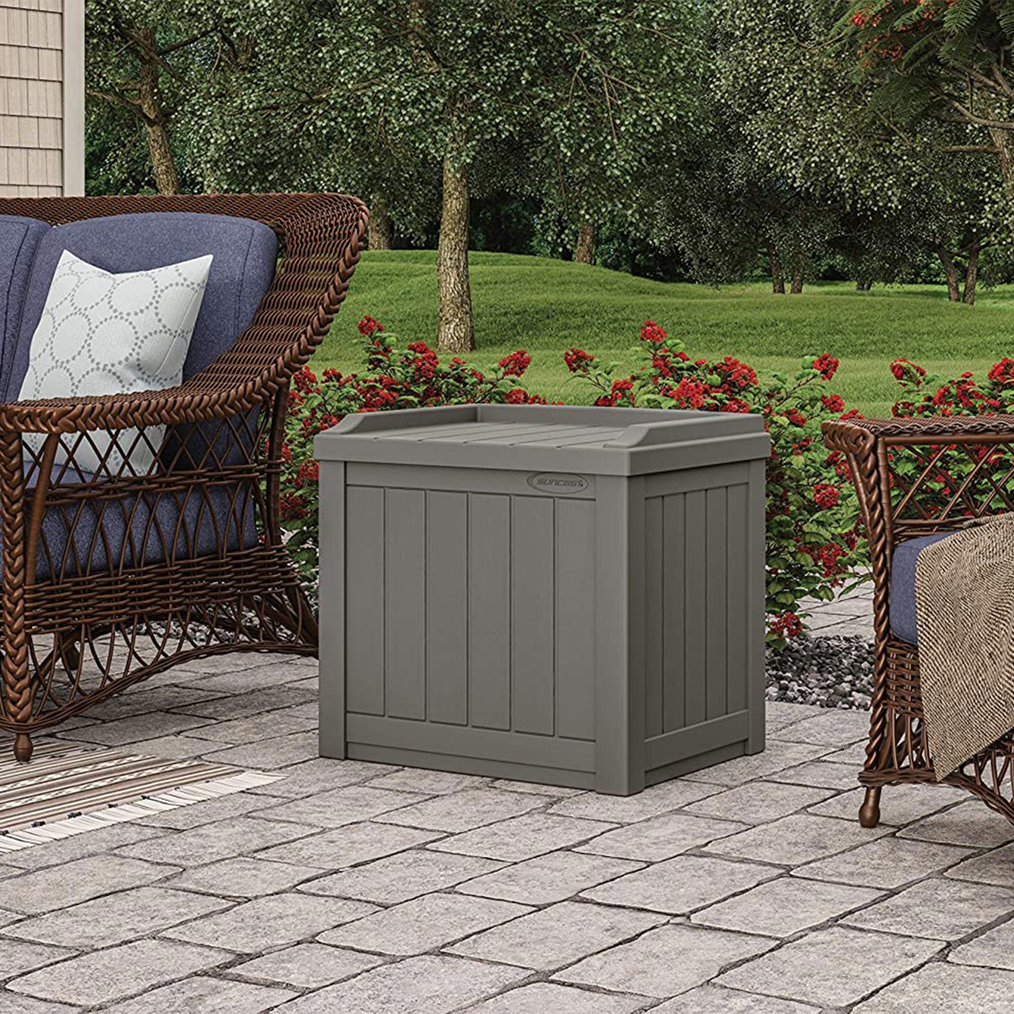 Suncast 22 Gal Outdoor Patio Small Deck Box w/ Storage Seat, Stone (2 Pack)