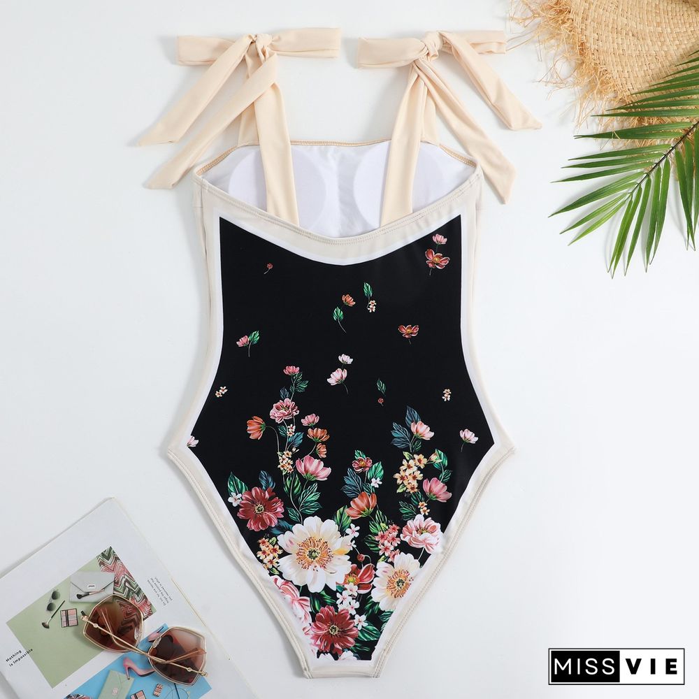 Women's Vintage Floral Print One-Piece Swimsuit Set