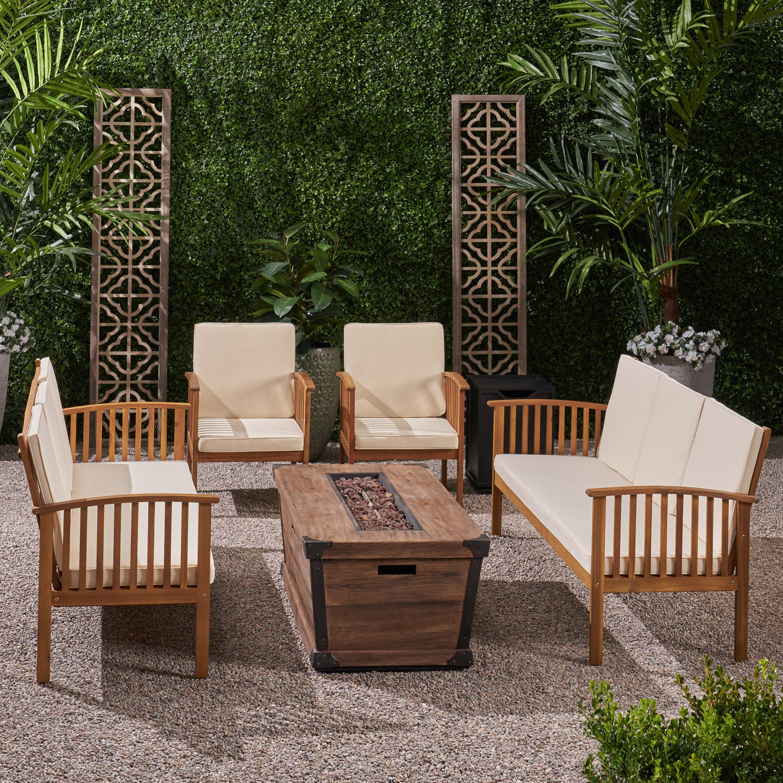 Beckley Outdoor 4 Piece Acacia Wood Conversational Sofa Set with Cushions and Fire Pit